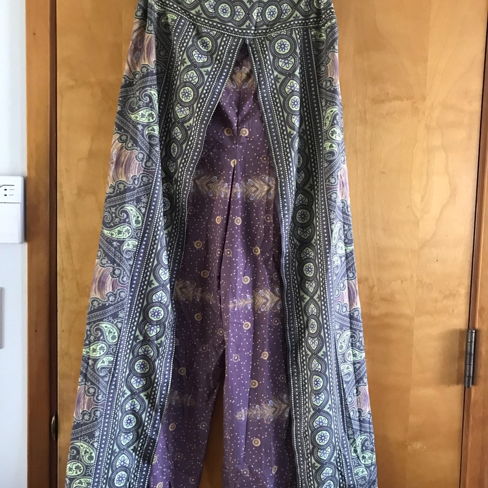 Boho Patterned Wide-Leg Pants in Purple and Green